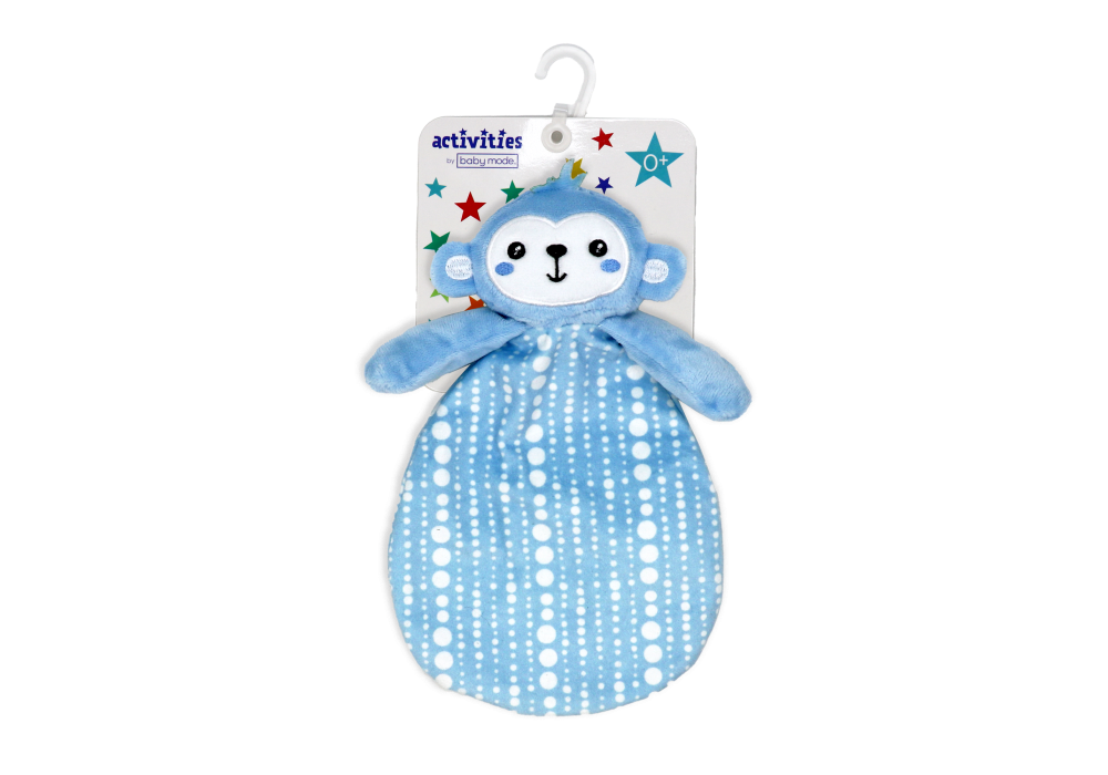 Activities by Baby Mode blue monkey crinkle toy is perfect for reaching, pulling and squeezing. It is a must have for sensory play, providing your little one with a comforting and calming effect. 100% polyester Ages: 0 months+