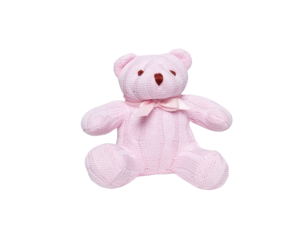 Little ones love to snuggle up to this cute cable knit bear. Appropriate for ages: 0 months and older
Exterior is made from 100% cotton.
Fill is 100% polyester.
Size: 8" tall