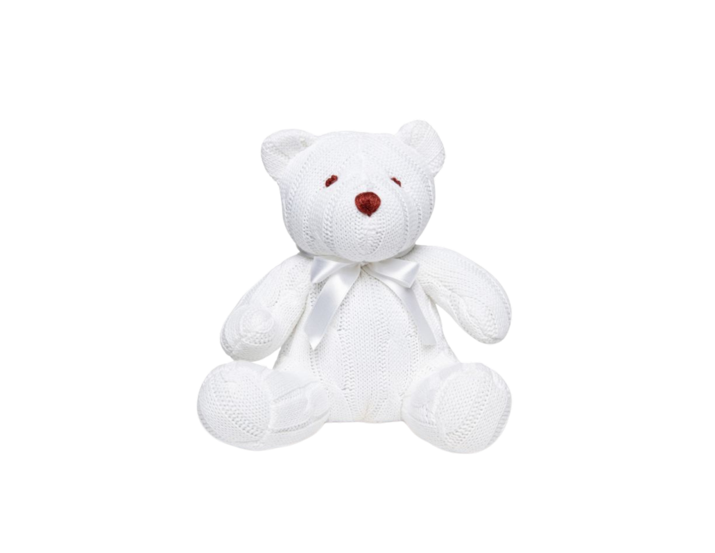 Little ones love to snuggle up to this cute cable knit bear. Appropriate for ages: 0 months and older
Exterior is made from 100% cotton.
Fill is 100% polyester.
Size: 8" tall