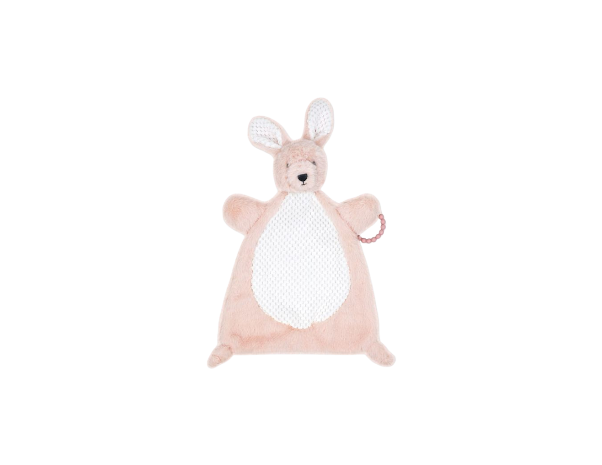 The flat plush activity toy-pink bunny is perfect for babies from 0 months and up. Made from 100% polyester. Lightweight and portable, it's perfect for on the go play. BPA free teether.
-Machine washable for easy cleaning.
-15" high