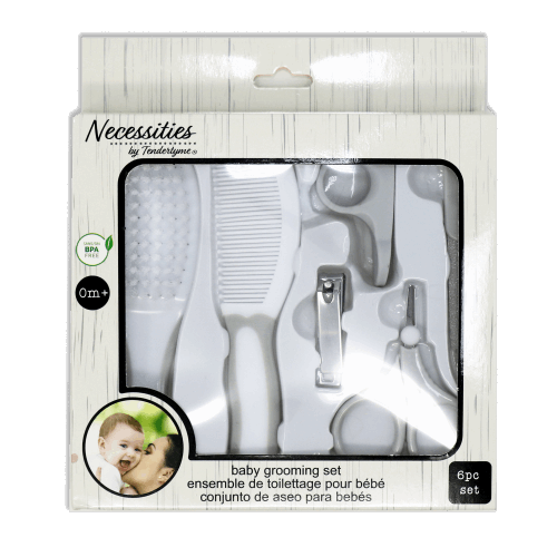 Discover Necessities by Tendertyme's Baby Grooming Set, a complete kit for your baby's grooming needs. This 6 pc set Includes: Nail clipper & easy grip holder, scissors, nail file, comb, hair brush. Shop now for essential care!