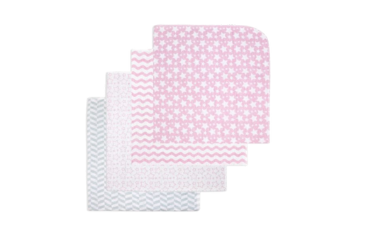 Necessities By Tendertyme receiving Blankets- 4 Pack 
Soft and cozy receiving blankets featuring pink stars/wavy patterns. Perfect for newborns.
100% Cotton
28" x 26"