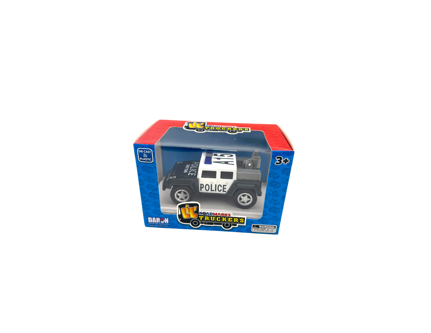 The DLT102 Lil Truckers Police ATV is a rugged and ready toy car, perfect for children aged 3 and up. Measuring approximately 5 inches in length, it's designed for little hands and is part of a collectible set. This toy is built to take on any obstacles, inspiring imaginative and fun play. Get your child ready for exciting adventures with this durable and engaging Police ATV toy car.