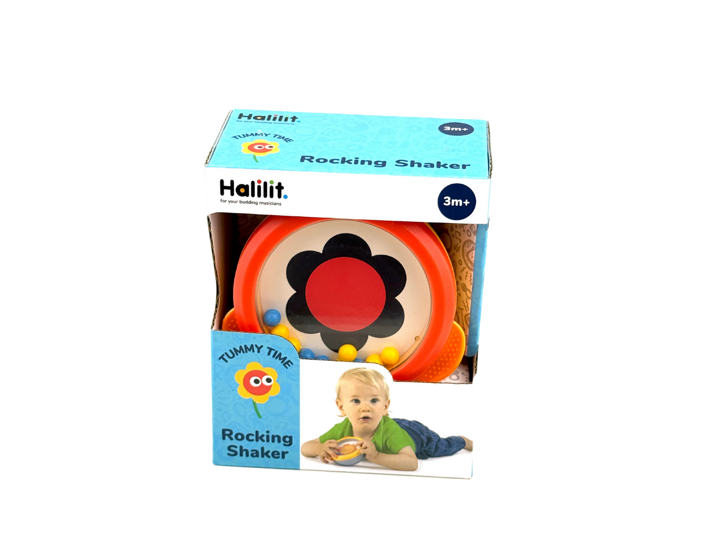 A box containing a Rocking Shaker Toy for tummy time. Toy is for ages 3months+