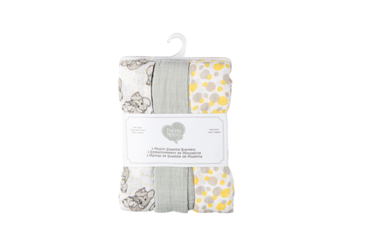Wrap your little one in love and comfort with the Precious Moments Muslin Swaddle Blankets - 3 Pack Elephant Yellow. This charming set features three generously sized blankets (43” x 43”) crafted from 100% cotton muslin