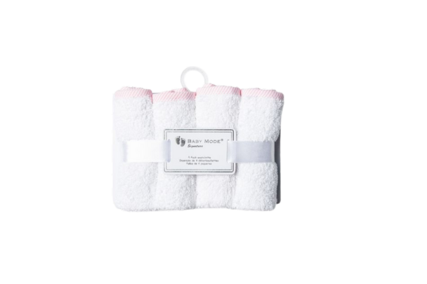 Wash your baby in comfort and style with the Baby Mode Signature Solid Washcloths. Soft, absorbent washcloths featuring pink striped trims for gentle cleansing. Perfect for your little one's bath time.

100% cotton.
10” x 10”