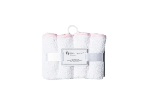 Wash your baby in comfort and style with the Baby Mode Signature Solid Washcloths. Soft, absorbent washcloths featuring pink striped trims for gentle cleansing. Perfect for your little one's bath time.

100% cotton.
10” x 10”