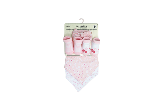 This super cute 5 piece set includes a flower patterned headband, 2 bandana bibs and 2 pairs of pink/white stripes and flowery patterned socks. Perfect for ages 0-6months.

Headband: 100% Cotton

Bibs: Front 100% Cotton, Back:65% Cotton/35% Polyester

Socks: 72% Cotton/26% Nylon/2% Spandex