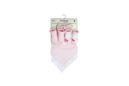 This super cute 5 piece set includes a flower patterned headband, 2 bandana bibs and 2 pairs of pink/white stripes and flowery patterned socks. Perfect for ages 0-6months.

Headband: 100% Cotton

Bibs: Front 100% Cotton, Back:65% Cotton/35% Polyester

Socks: 72% Cotton/26% Nylon/2% Spandex