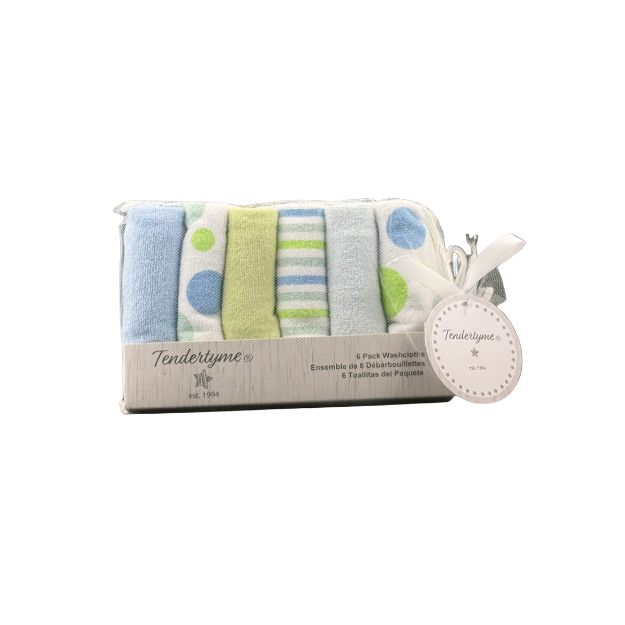 Tendertyme's blue washcloths&nbsp;6-pack on display
Made of 80% cotton and 20% polyester.

9"x9"&nbsp;