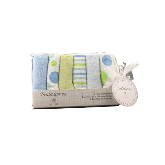 Tendertyme's blue washcloths&nbsp;6-pack on display
Made of 80% cotton and 20% polyester.

9"x9"&nbsp;