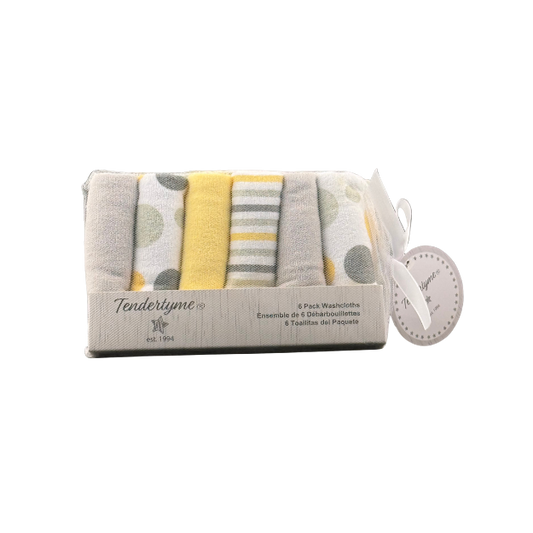 Tendertyme's Neutral washcloths 6-pack on display.
Made of 80% cotton and 20% polyester.

9"x9"&nbsp;