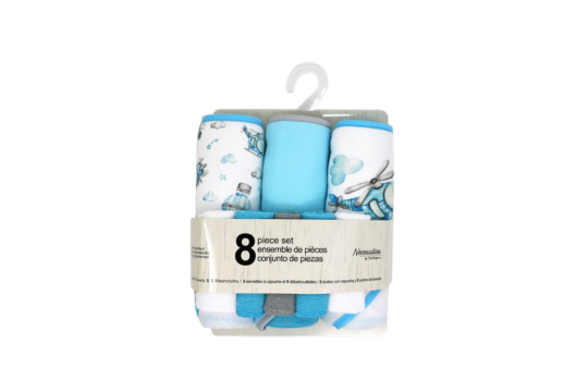 Necessities by Tendertyme brand.

Indulge your baby in the ultimate bath time experience with the 8 piece bath set, 3 hooded towels and 5 washcloths.

100% Polyester