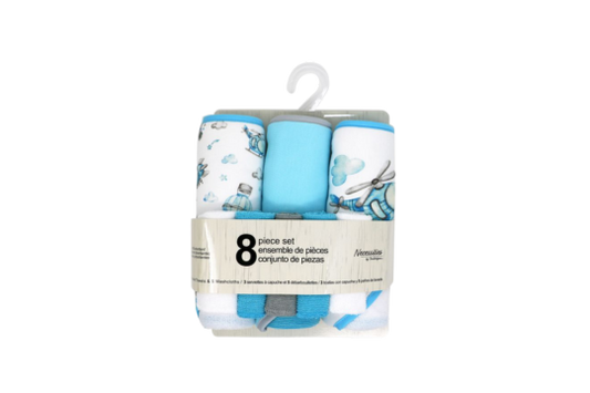 Necessities by Tendertyme brand.

Indulge your baby in the ultimate bath time experience with the 8 piece bath set, 3 hooded towels and 5 washcloths.

100% Polyester