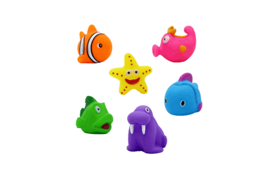 Dive into bath time fun with the 6-pack of assorted fish bath toys by Buba Baby. Squirtable&nbsp; for engaging sensory play from 6 months+.

Starfish, Clownfish, Walrus, Pink fish, Whale, Green fish
