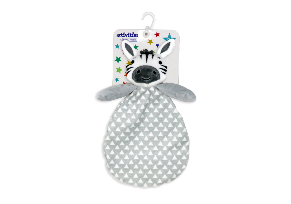 Activities by Baby Mode grey zebra crinkle toy is perfect for reaching, pulling and squeezing. It is a must have for sensory play, providing your little one with a comforting and calming effect.  100% polyester  Ages: 0 months+   
