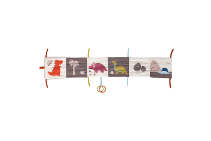 Dino soft book spread out to show a different side of the book with more pictures and teething rings