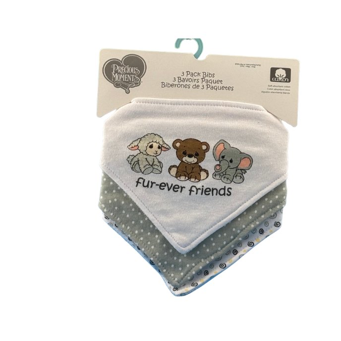 Precious Moments 3 Pack grey bib set on display.  Soft and absorbent, perfect for mealtime.