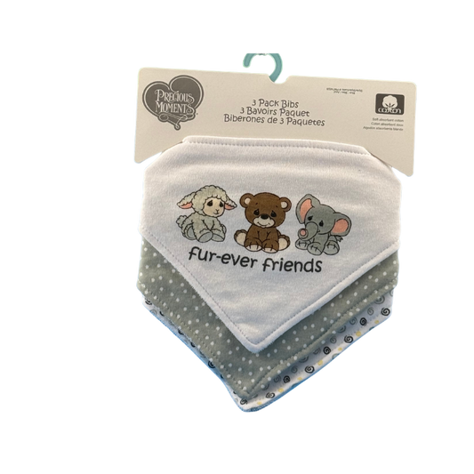 Precious Moments 3 Pack grey bib set on display.  Soft and absorbent, perfect for mealtime.