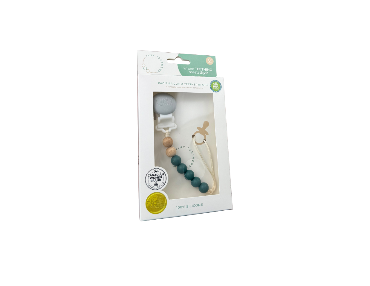 Tiny Teethers mini pacifier clip is perfect for the mini in your life. This innovative silicone clip is designed with a few moving parts and no metals. This allows your baby to teethe on the clip itself unlike the metal ones. Designed with fewer medium weight beads, our pacifier clip won't pull the soother out of your little baby's mouth. It will also stay clipped to your baby's clothing, preventing you from losing the soother or having it fall to the ground and get dirty in the moment you need it most.