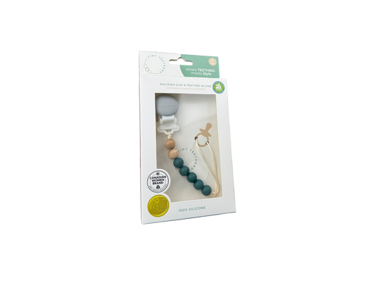 Tiny Teethers mini pacifier clip is perfect for the mini in your life. This innovative silicone clip is designed with a few moving parts and no metals. This allows your baby to teethe on the clip itself unlike the metal ones. Designed with fewer medium weight beads, our pacifier clip won't pull the soother out of your little baby's mouth. It will also stay clipped to your baby's clothing, preventing you from losing the soother or having it fall to the ground and get dirty in the moment you need it most.