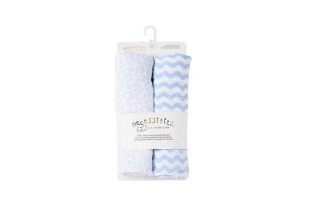 Wrap your baby in comfort and style with Necessities by Tendertyme's Blue Star Wave Muslin Swaddle Blankets. Made of soft breathable muslin, perfect for a good night's sleep.

Set of Two.

100 % Cotton

43"x43"