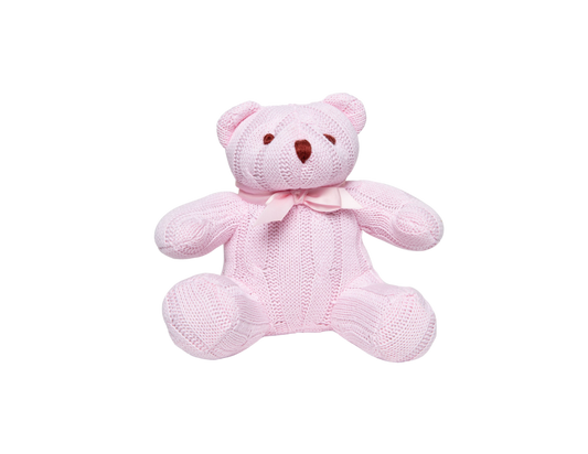 Little ones love to snuggle up to this cute cable knit bear. Appropriate for ages:&nbsp; 0 months and older

Exterior is made from 100% cotton.

Fill is 100% polyester.

Size: 8" tall