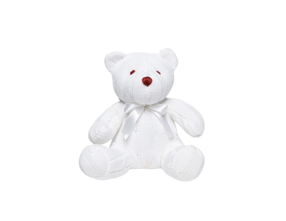 Little ones love to snuggle up to this cute cable knit bear. Appropriate for ages:&nbsp; 0 months and older

Exterior is made from 100% cotton.

Fill is 100% polyester.

Size: 8" tall