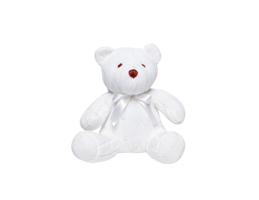 Little ones love to snuggle up to this cute cable knit bear. Appropriate for ages:&nbsp; 0 months and older

Exterior is made from 100% cotton.

Fill is 100% polyester.

Size: 8" tall