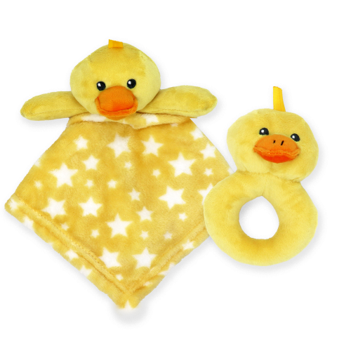 Jesse & Lulu brand.  Duck Nunu with rattle toy. 100% Polyester.  Nunu blanket 12" x 12"  Perfect for ages: 6 months+