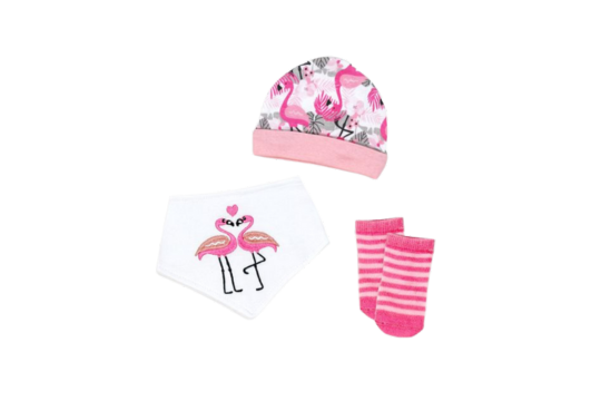 Gift the ultimate comfort with Tendertyme's 3-Piece Flamingo Set. Includes a cozy cap, soft bib, and warm socks. Ideal for 0-6months.

Set includes: Hat, Bib &amp; Sock set&nbsp;

Hat- 100% Cotton

Bib Front 100% cotton, Bib Backing: 80% cotton, 20% Polyester

Socks: 75% Cotton/23% Polyester/2%Spandex