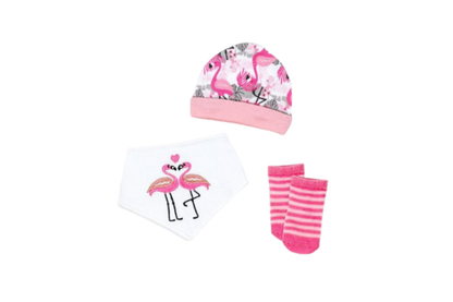 Gift the ultimate comfort with Tendertyme's 3-Piece Flamingo Set. Includes a cozy cap, soft bib, and warm socks. Ideal for 0-6months.

Set includes: Hat, Bib &amp; Sock set&nbsp;

Hat- 100% Cotton

Bib Front 100% cotton, Bib Backing: 80% cotton, 20% Polyester

Socks: 75% Cotton/23% Polyester/2%Spandex