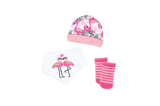 Gift the ultimate comfort with Tendertyme's 3-Piece Flamingo Set. Includes a cozy cap, soft bib, and warm socks. Ideal for 0-6months.

Set includes: Hat, Bib &amp; Sock set&nbsp;

Hat- 100% Cotton

Bib Front 100% cotton, Bib Backing: 80% cotton, 20% Polyester

Socks: 75% Cotton/23% Polyester/2%Spandex