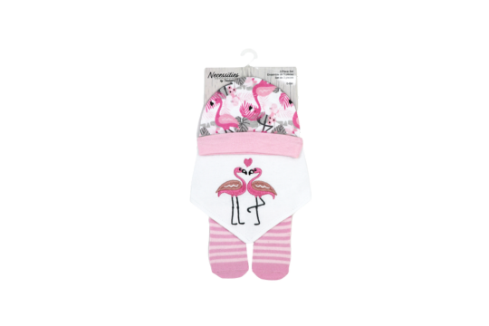 Gift the ultimate comfort with Tendertyme's 3-Piece Flamingo Set. Includes a cozy cap, soft bib, and warm socks. Ideal for 0-6months.

Set includes: Hat, Bib &amp; Sock set&nbsp;

Hat- 100% Cotton

Bib Front 100% cotton, Bib Backing: 80% cotton, 20% Polyester

Socks: 75% Cotton/23% Polyester/2%Spandex