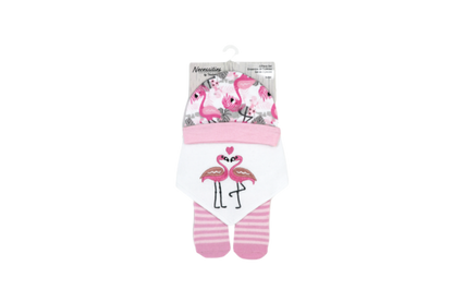 Gift the ultimate comfort with Tendertyme's 3-Piece Flamingo Set. Includes a cozy cap, soft bib, and warm socks. Ideal for 0-6months.

Set includes: Hat, Bib &amp; Sock set&nbsp;

Hat- 100% Cotton

Bib Front 100% cotton, Bib Backing: 80% cotton, 20% Polyester

Socks: 75% Cotton/23% Polyester/2%Spandex