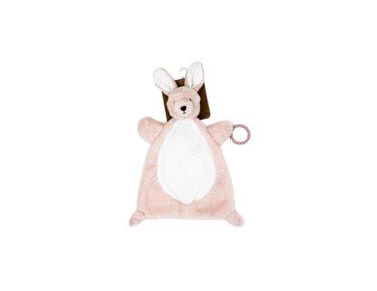 The flat plush activity toy-pink bunny is perfect for babies from 0 months and up. Made from 100% polyester. Lightweight and portable, it's perfect for on the go play. BPA free teether.

-Machine washable for easy cleaning.

-15" high