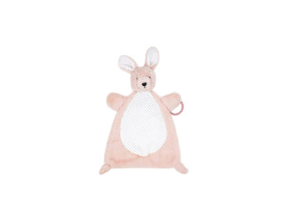 The flat plush activity toy-pink bunny is perfect for babies from 0 months and up. Made from 100% polyester. Lightweight and portable, it's perfect for on the go play. BPA free teether.

-Machine washable for easy cleaning.

-15" high