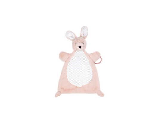 The flat plush activity toy-pink bunny is perfect for babies from 0 months and up. Made from 100% polyester. Lightweight and portable, it's perfect for on the go play. BPA free teether.

-Machine washable for easy cleaning.

-15" high