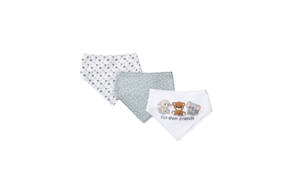 Precious Moments 3 Pack grey bib set on display.  Soft and absorbent, perfect for mealtime.