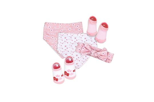 This super cute 5 piece set includes a flower patterned headband, 2 bandana bibs and 2 pairs of pink/white stripes and flowery patterned socks. Perfect for ages 0-6months.

Headband: 100% Cotton

Bibs: Front 100% Cotton, Back:65% Cotton/35% Polyester

Socks: 72% Cotton/26% Nylon/2% Spandex