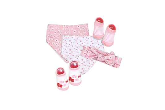 This super cute 5 piece set includes a flower patterned headband, 2 bandana bibs and 2 pairs of pink/white stripes and flowery patterned socks. Perfect for ages 0-6months.

Headband: 100% Cotton

Bibs: Front 100% Cotton, Back:65% Cotton/35% Polyester

Socks: 72% Cotton/26% Nylon/2% Spandex