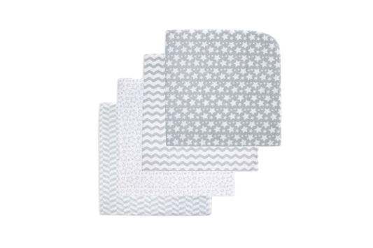 Necessities By Tendertyme receiving Blankets- 4 Pack

Soft and cozy blankets featuring grey star/wavy patterns. Perfect for newborns.

100% Cotton
28" x 26"