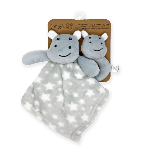Delight your little one with the cuddly Hippo Nunu with Ring Rattle by Jesse + Lulu. Soft plush hippo and a rattle for engaging sensory play from 6 months+.