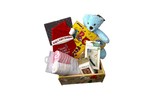 A Treasure Trove of Festive Firsts! This thoughtfully curated holiday gift basket captures the magic of your baby's inaugural Christmas with carefully selected essentials.

What's Inside:

Storybook
Swaddling blankets
Plush bear companion
Soothing teething accessories
"My First Christmas" embroidered set(Festive hat, bib & socks)

**Basket may be different from the one pictured here**