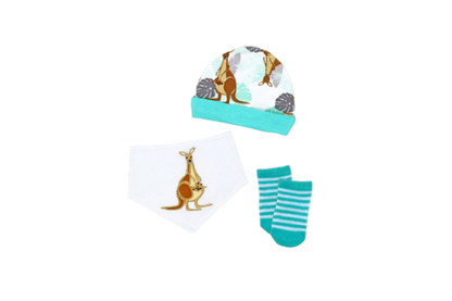 Gift the ultimate comfort with Tendertyme's 3-Piece Kangaroo Set. Includes a cozy cap, soft bib, and warm socks. Ideal for 0-6months.

Set includes: Hat, Bib &amp; Sock set&nbsp;

Hat- 100% Cotton

Bib Front 100% cotton, Bib Backing: 80% cotton, 20% Polyester

Socks: 75% Cotton/23% Polyester/2%Spandex