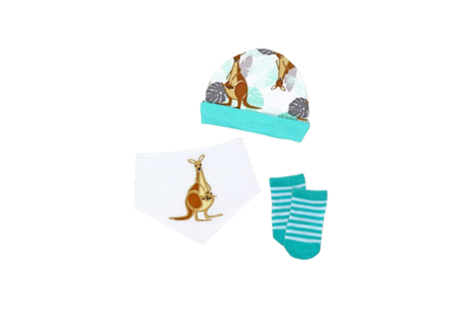 Gift the ultimate comfort with Tendertyme's 3-Piece Kangaroo Set. Includes a cozy cap, soft bib, and warm socks. Ideal for 0-6months.

Set includes: Hat, Bib &amp; Sock set&nbsp;

Hat- 100% Cotton

Bib Front 100% cotton, Bib Backing: 80% cotton, 20% Polyester

Socks: 75% Cotton/23% Polyester/2%Spandex