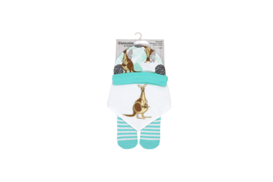 Gift the ultimate comfort with Tendertyme's 3-Piece Kangaroo Set. Includes a cozy cap, soft bib, and warm socks. Ideal for 0-6months.

Set includes: Hat, Bib &amp; Sock set&nbsp;

Hat- 100% Cotton

Bib Front 100% cotton, Bib Backing: 80% cotton, 20% Polyester

Socks: 75% Cotton/23% Polyester/2%Spandex