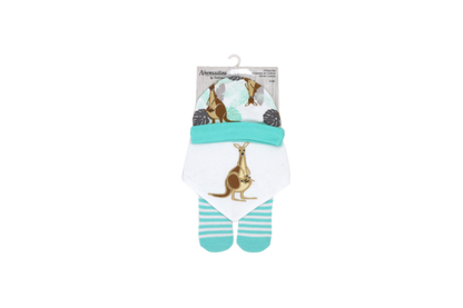 Gift the ultimate comfort with Tendertyme's 3-Piece Kangaroo Set. Includes a cozy cap, soft bib, and warm socks. Ideal for 0-6months.

Set includes: Hat, Bib &amp; Sock set&nbsp;

Hat- 100% Cotton

Bib Front 100% cotton, Bib Backing: 80% cotton, 20% Polyester

Socks: 75% Cotton/23% Polyester/2%Spandex