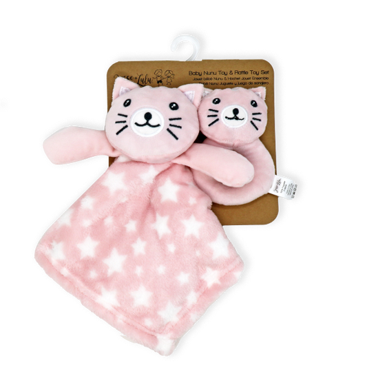 Kitten Nunu with ring rattle  100% Polyester  Nunu Blanket: 12" x 12"  Ages: 6 months+