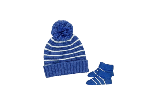 Baby Mode Signature's Navy Knit Hat &amp; Bootie Set is a cozy essential for your little one. Designed for infants 0-6 months, this stylish ensemble keeps your baby warm as temperatures drop.

The set includes:
• Knit hat with a faux fur pom pom
• Matching cozy booties